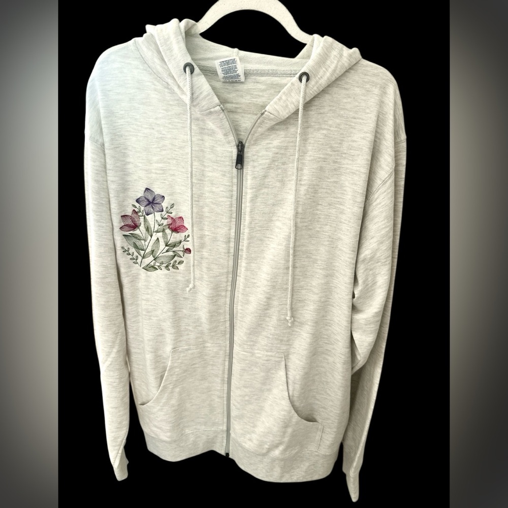 Floral Embroidered Heather Gray Zip-Up Hoodie NWOT